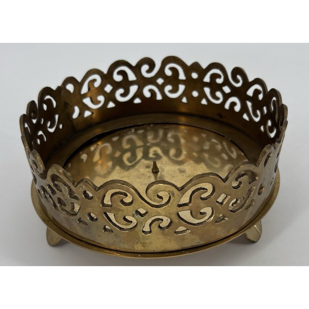 Vintage 1998 Hosley Brass Pedestal Candle Holder 6” Pillar Scroll Filigree